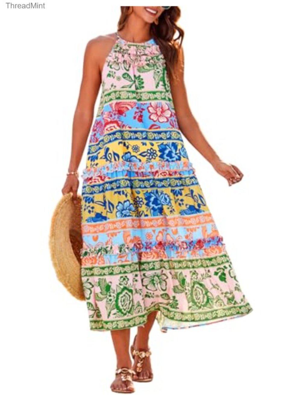 Women's Floral Halter Maxi Dress Boho Tiered Ruffle Sundress